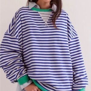 Free people Striped Blue and White Sweater with Green Accents